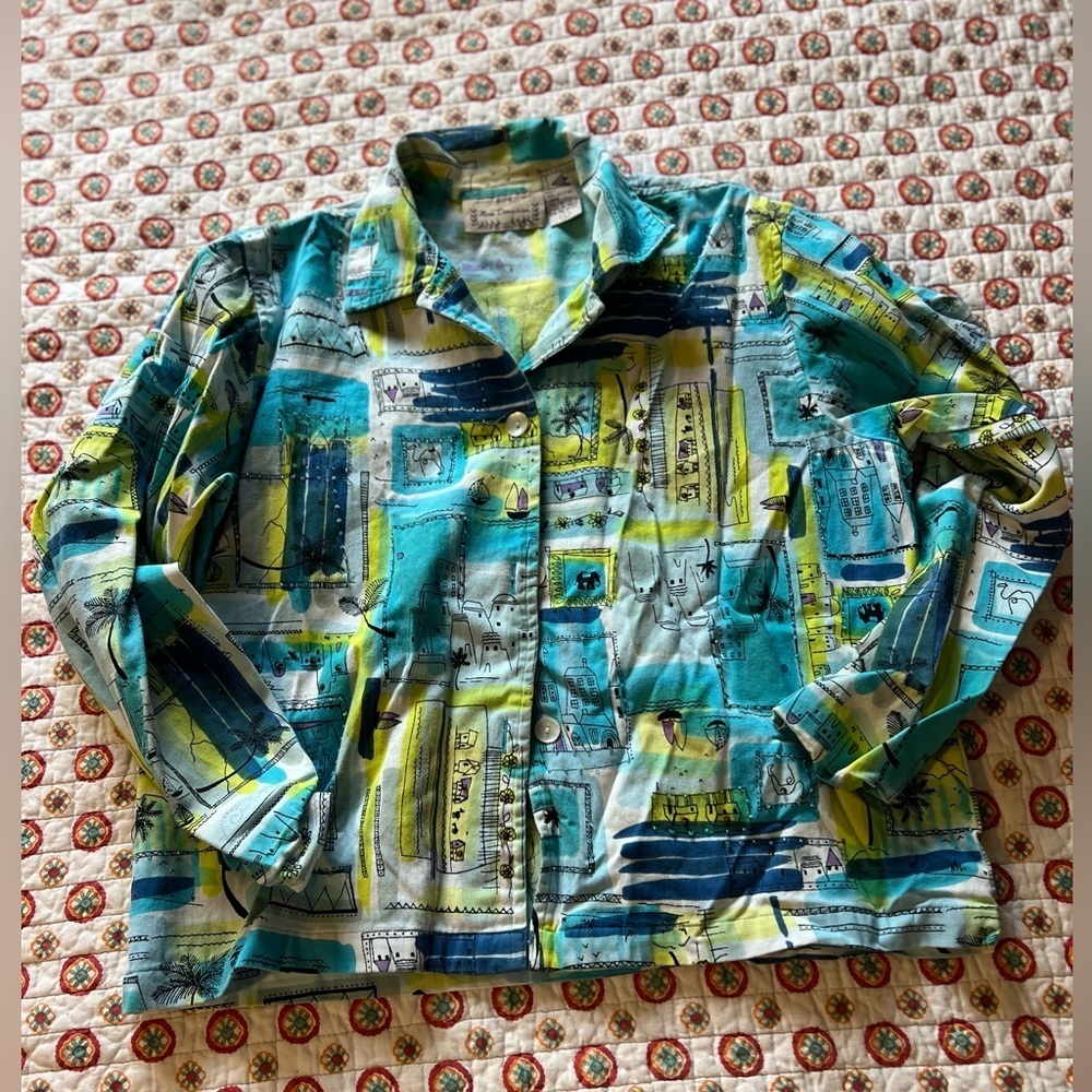 Vintage 90s Greek Mediterranean Beaded Canvas Light Jacket size large